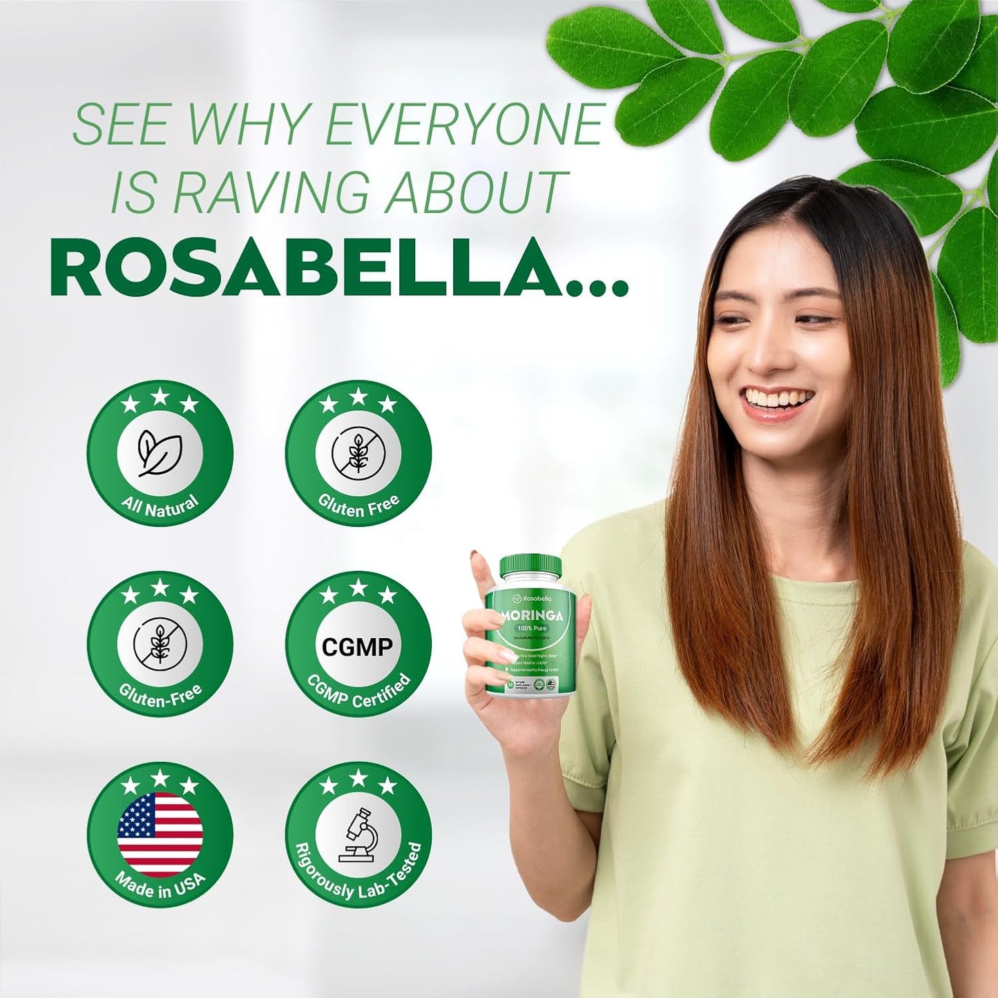 Cápsulas de Moringa Rosabella (800mg) para Apoyo Inmunológico, Salud Intestinal y Vitaminas