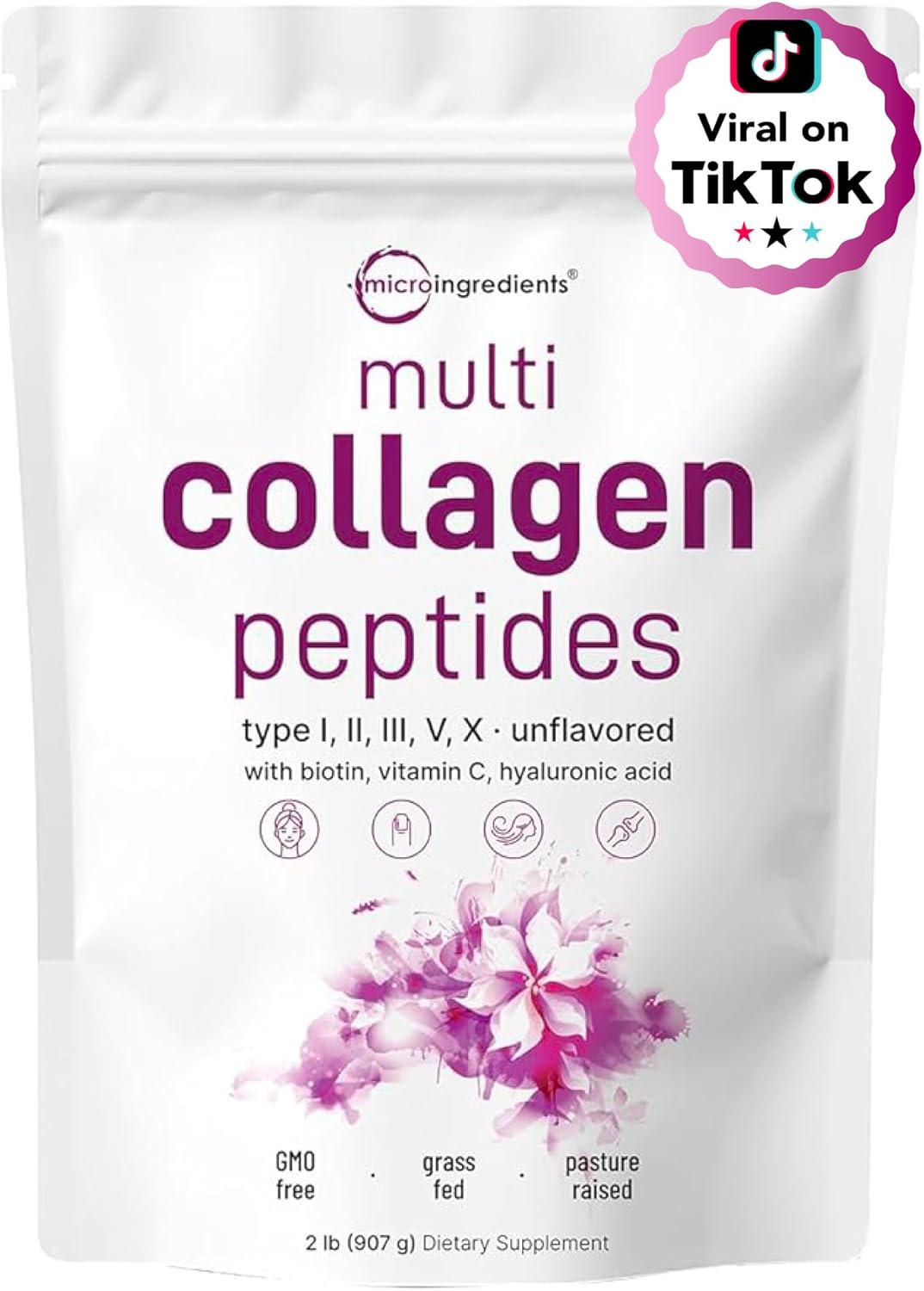 Micro Ingredients Multi Collagen Protein Powder, 2 libras – Tipo I, II, III, V, X con Biotina, Ácido Hialurónico, Vitamina C.