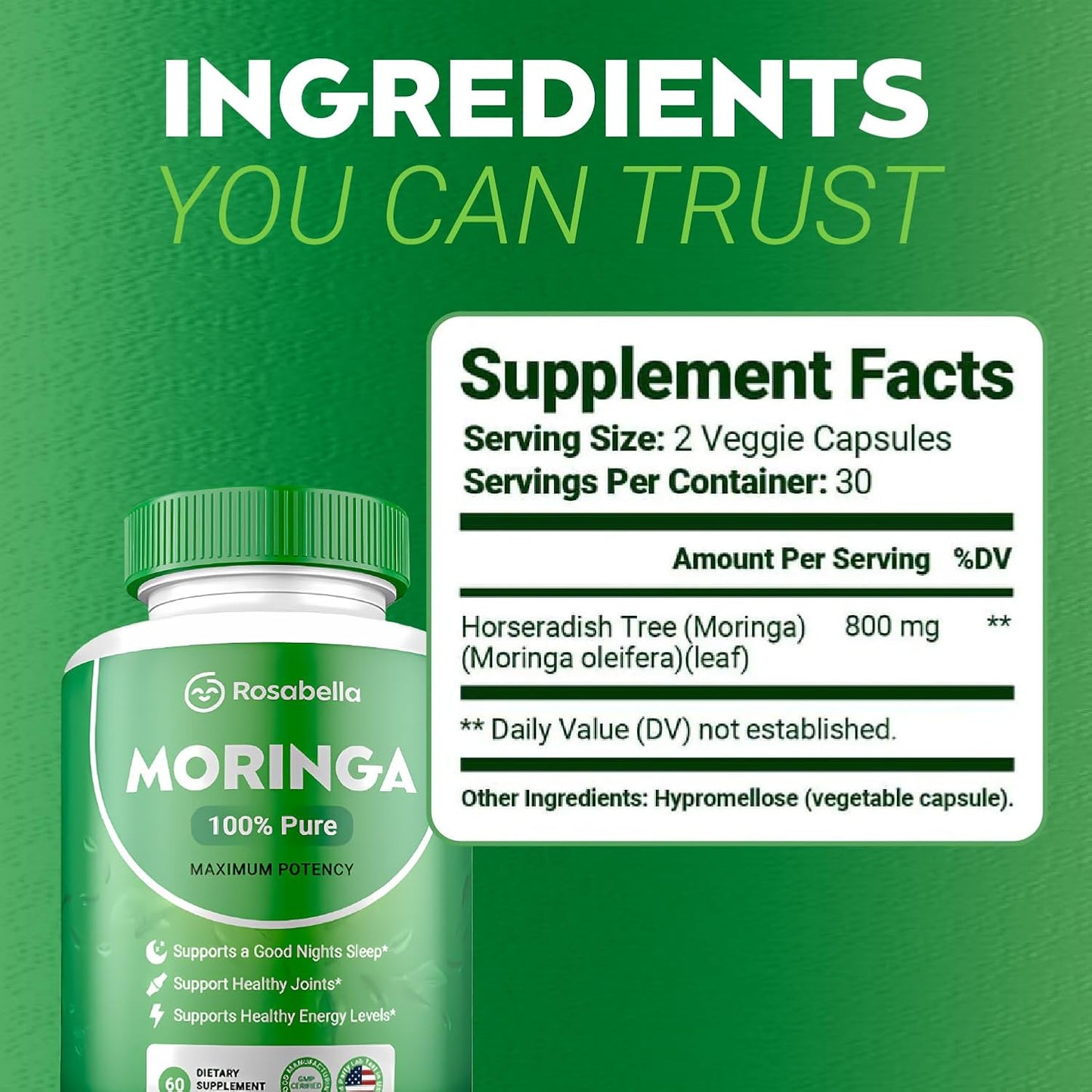 Cápsulas de Moringa Rosabella (800mg) para Apoyo Inmunológico, Salud Intestinal y Vitaminas