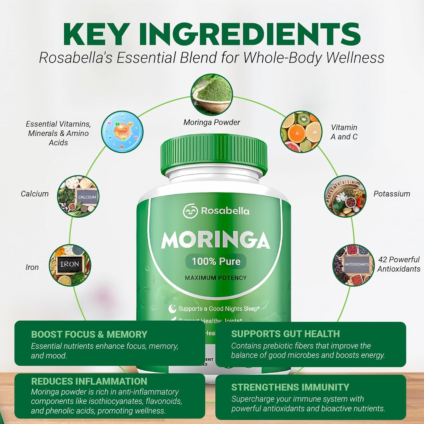 Cápsulas de Moringa Rosabella (800mg) para Apoyo Inmunológico, Salud Intestinal y Vitaminas